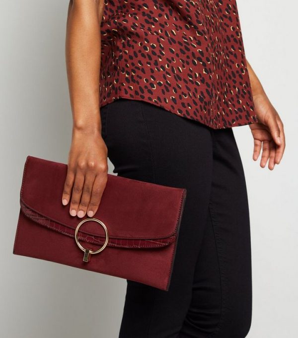 New Look Burgundy Suedette Ring Clutch Bag