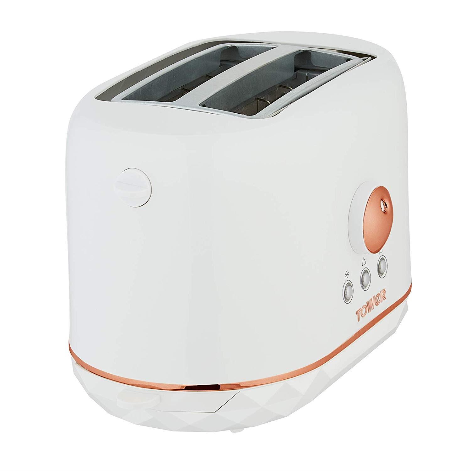 Tower Diamond Rose Gold T20028 870w 2 Slice Toaster - White Tower T20028 870w 2 Slice Toaster Adjustable Browning White/Rose Gold