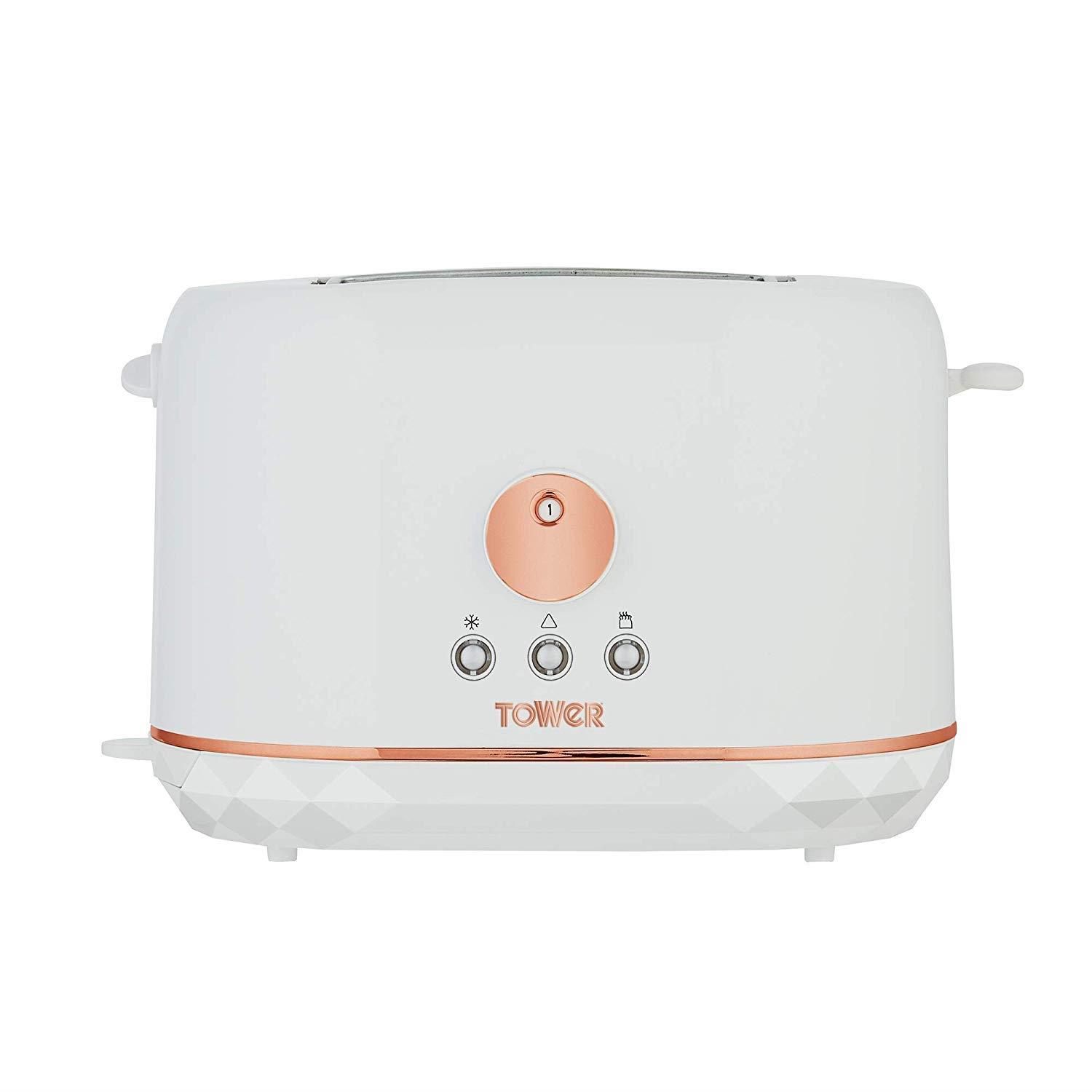 Tower Diamond Rose Gold T20028 870w 2 Slice Toaster - White Tower T20028 870w 2 Slice Toaster Adjustable Browning White/Rose Gold