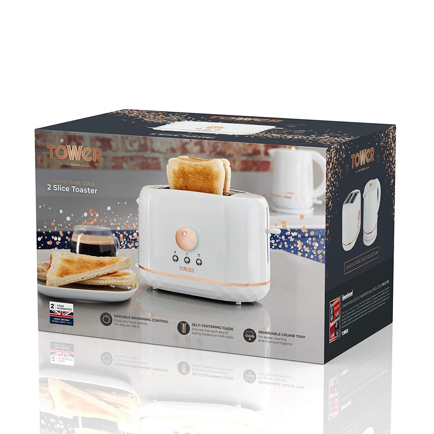 Tower Diamond Rose Gold T20028 870w 2 Slice Toaster - White Tower T20028 870w 2 Slice Toaster Adjustable Browning White/Rose Gold