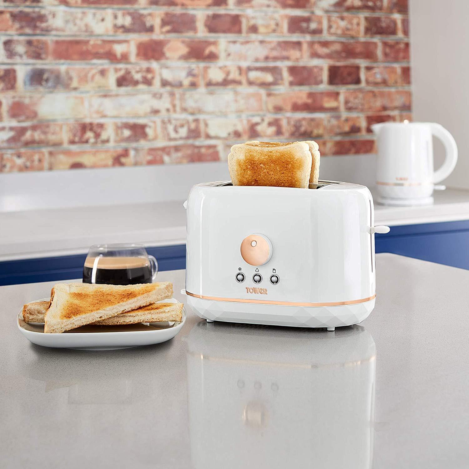 Tower Diamond Rose Gold T20028 870w 2 Slice Toaster - White Tower T20028 870w 2 Slice Toaster Adjustable Browning White/Rose Gold
