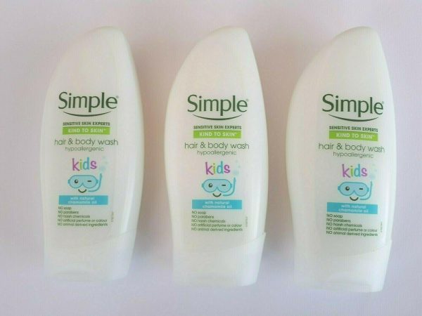 3 X 250ml SIMPLE Hair And Body Wash For Kids Hypoallergenic With Chamomile Oil