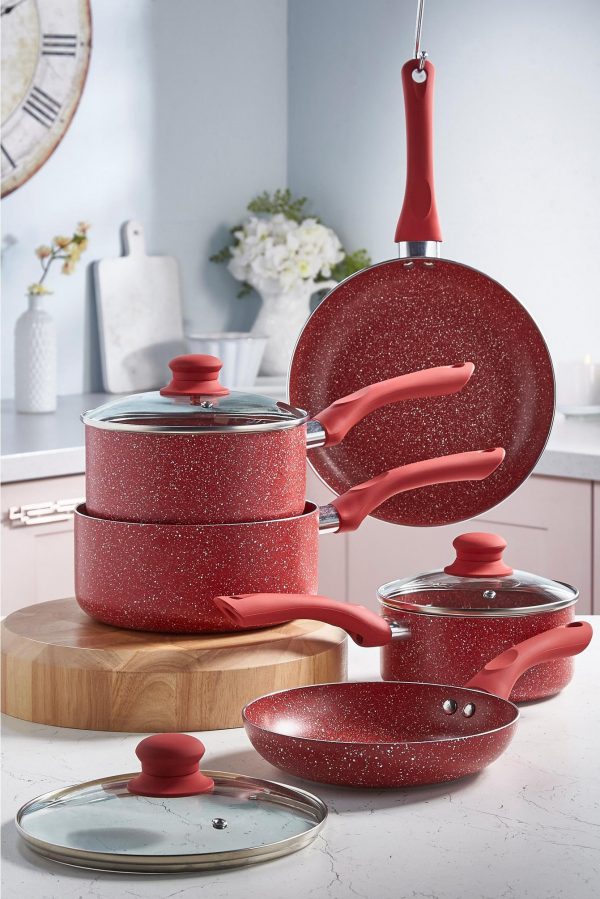 5-Piece Red Non-Stick Marble-Effect Pan Set