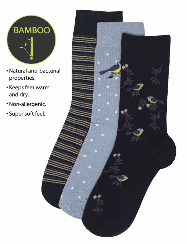 Ladies Flexitop Bamboo Bird Design Socks Blue Mix - 3 Pack (077)