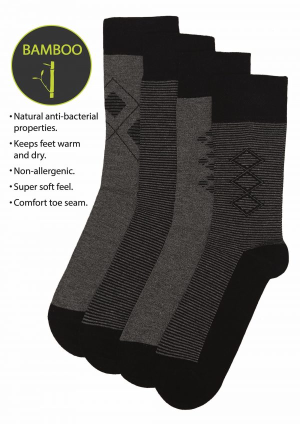 Men's Flexitop Bamboo Stripe Argyle Socks - 4 Pack Size 6-11 (125)